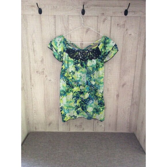 Inspire Tops - Inspire Shirt Women S Green Navy Blue Lace Rhinestone Neckline Boho Artsy Top